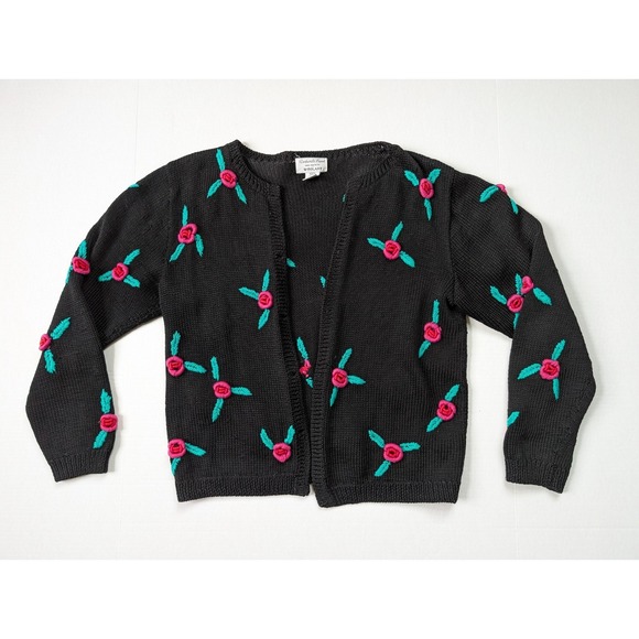 Woolart Sweaters - Vintage‎ Roberta Frost Woolart Cardigan Black Floral Rose Long Sleeve One Size
